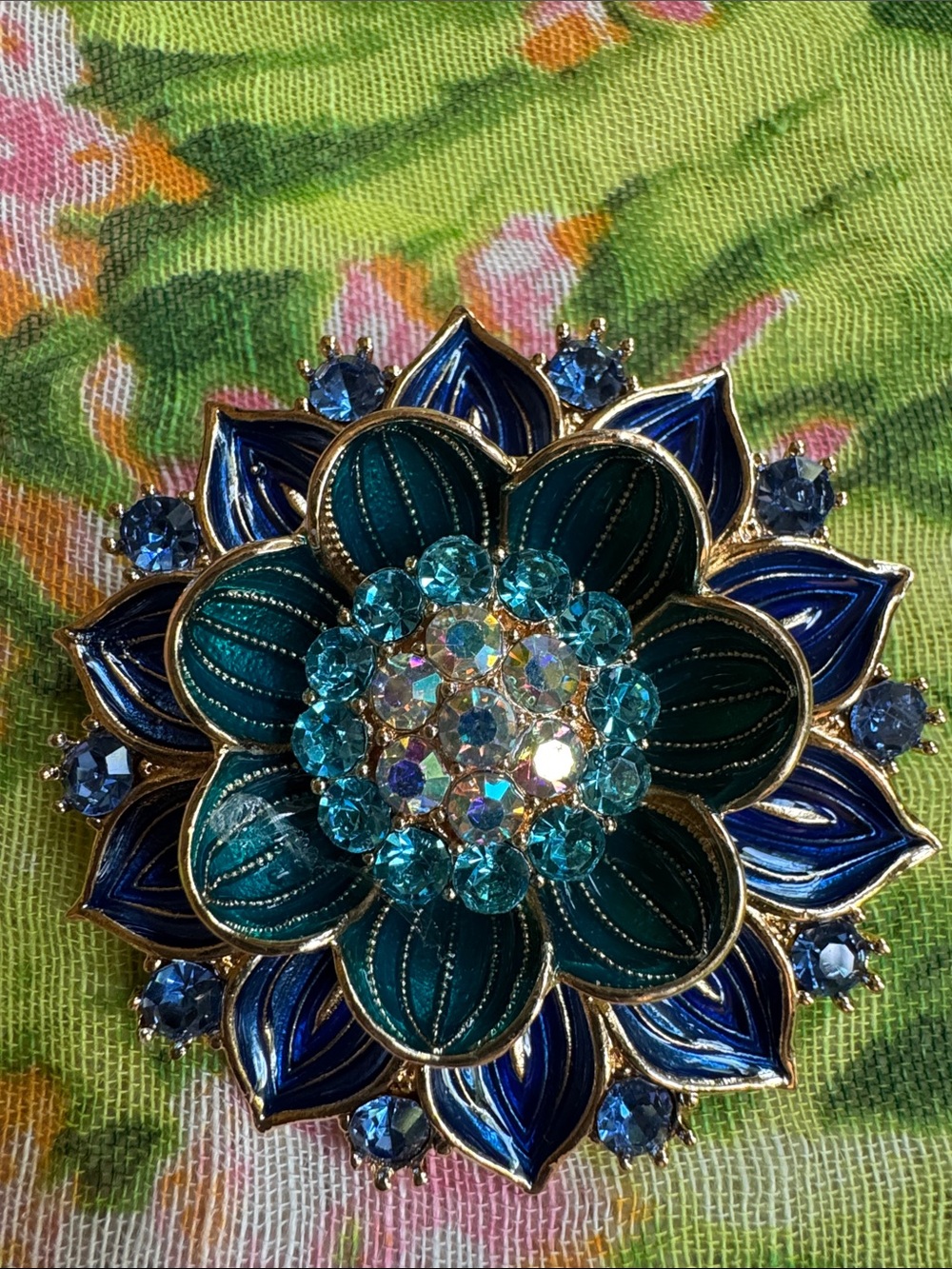 Teal & Blue Floral Crystal Brooch - Women's Accessory
